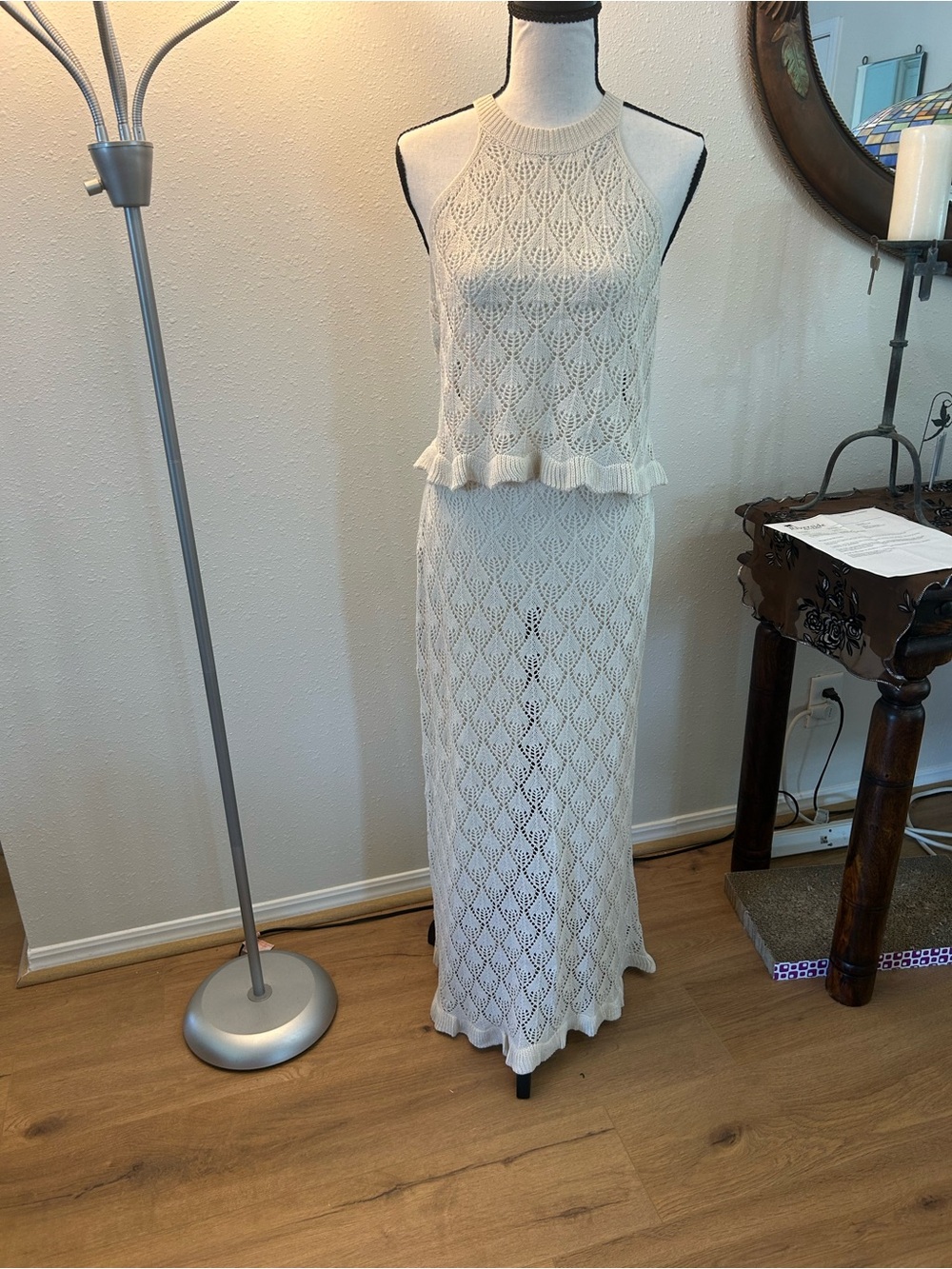 Cream Crochet Knit Halter Maxi Top/Skirt Set